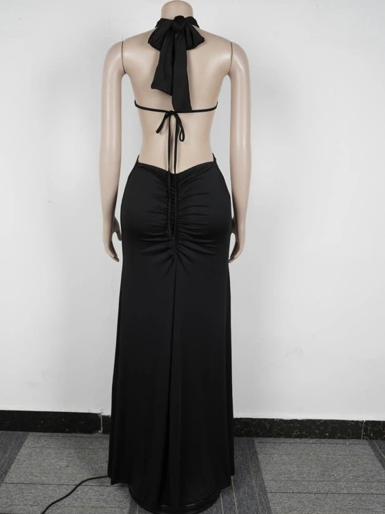 Beyprern New Chic Halter Scollo a V O Rings Abito lungo maxi Glam Donna Sexy Backless Increspato Abiti da festa con spacco alto Abiti di compleanno
