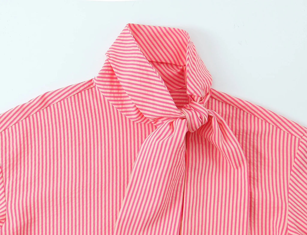 KONDALA Camicia Vintage a Righe con Fiocco da Donna, Casual, Asimmetrica, Moda Primavera 2026, Camicia Monopetto, Streetwear Chic Femminile