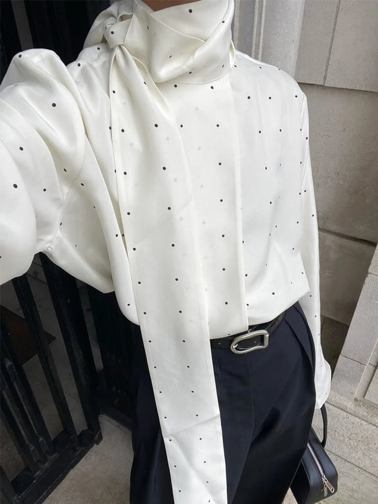 Eleganti Camicette da Donna con Sciarpa a Pois, Camicie a Maniche Lunghe e Vestibilità Ampia, Nuove Camicette Casual da Ufficio per il 2026, Top da Donna in Bianco, Nero e Marrone