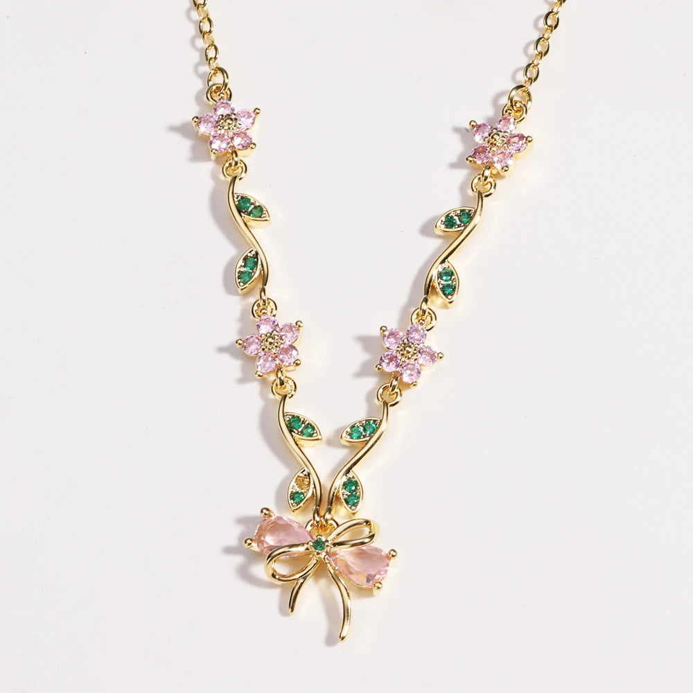 Summer New Fashion Exquisite Bow Leaf Flower Necklace For Women's Elegant Pink Zircon Chain Pendant Jewelry Gifts