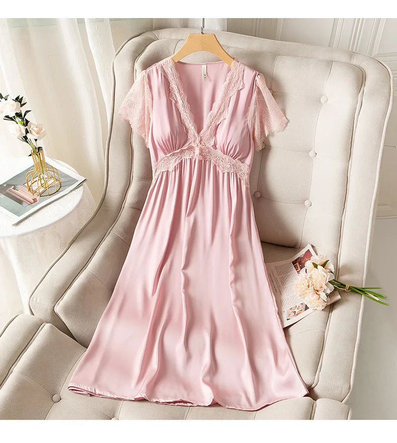 Fdfklak camicia da notte estiva da donna a maniche corte sottile in raso di seta Sexy nuova camicia da notte da notte da notte da donna in pizzo principessa