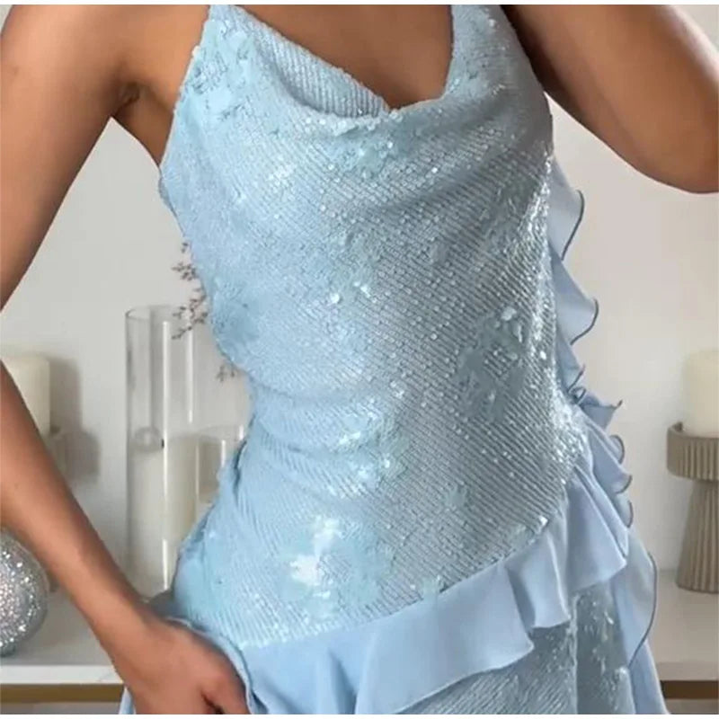 Sexy paillettes volant mini abito fionda donna solido scollo a V senza maniche backless abiti a trapezio 2025 estate signora chic abiti da festa