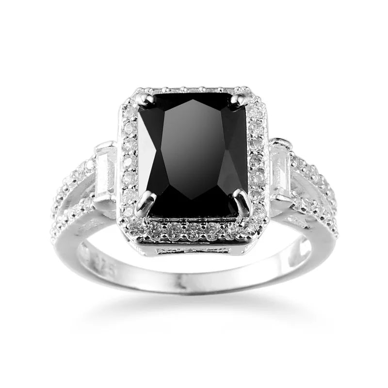 Bague en argent sterling 925 véritable pour femme, avec zircon noir, cadeau romantique, bijoux de fiançailles, Anillos Mujer