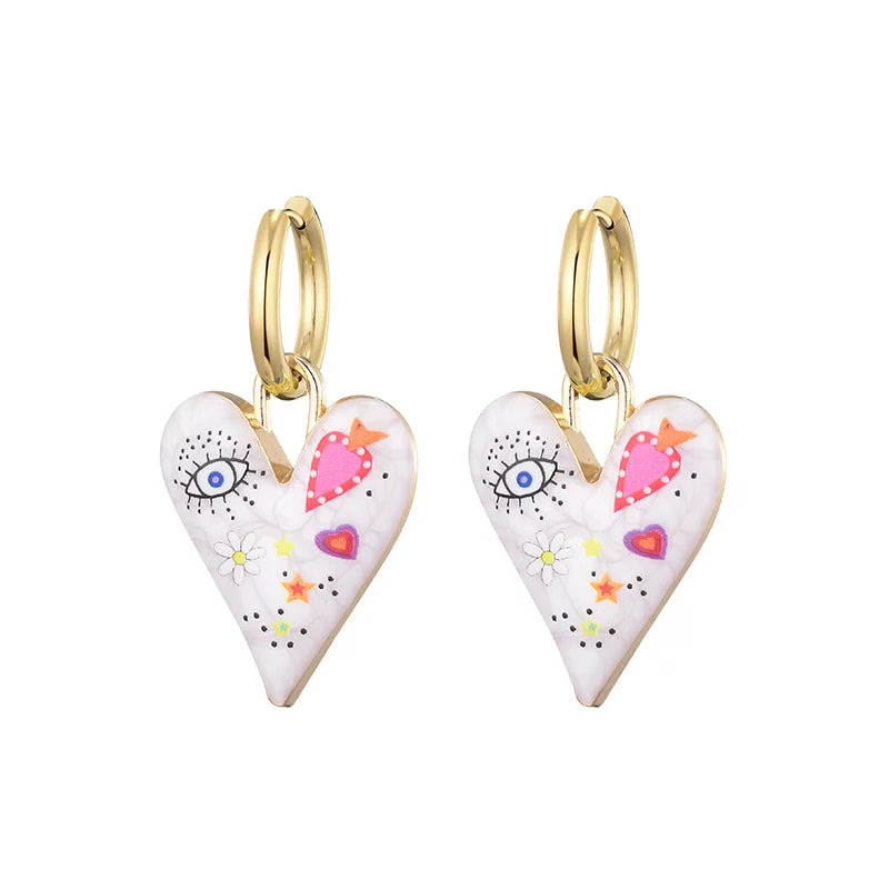 Nuovi orecchini a cerchio in acciaio inossidabile con occhio di cuore carino alla moda per le donne Gioielli femminili di amore con pendente color oro smaltato vintage colorato