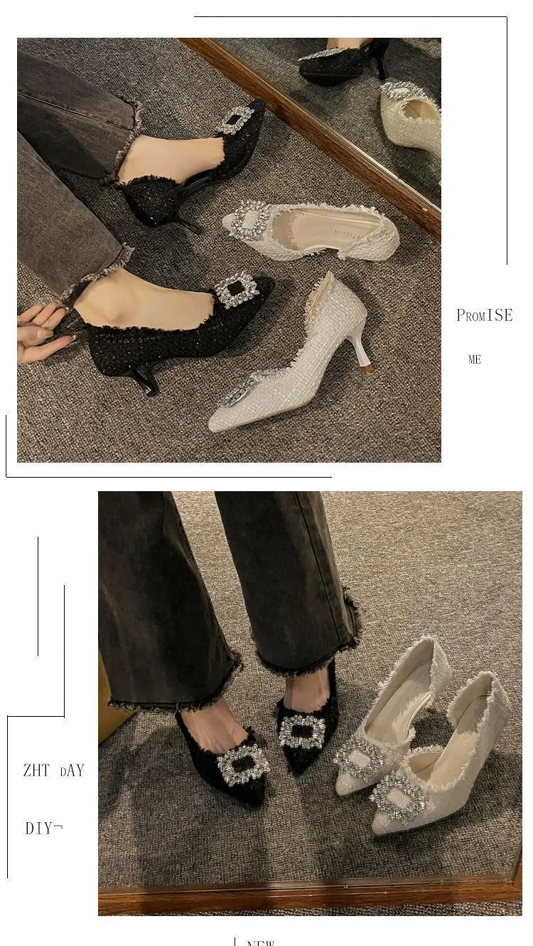 Stiletto Heels 2024 White Wedding Shoes Fashion Pointy Square Button Rhinestone Sandals Temperament Women's Women's Shoes