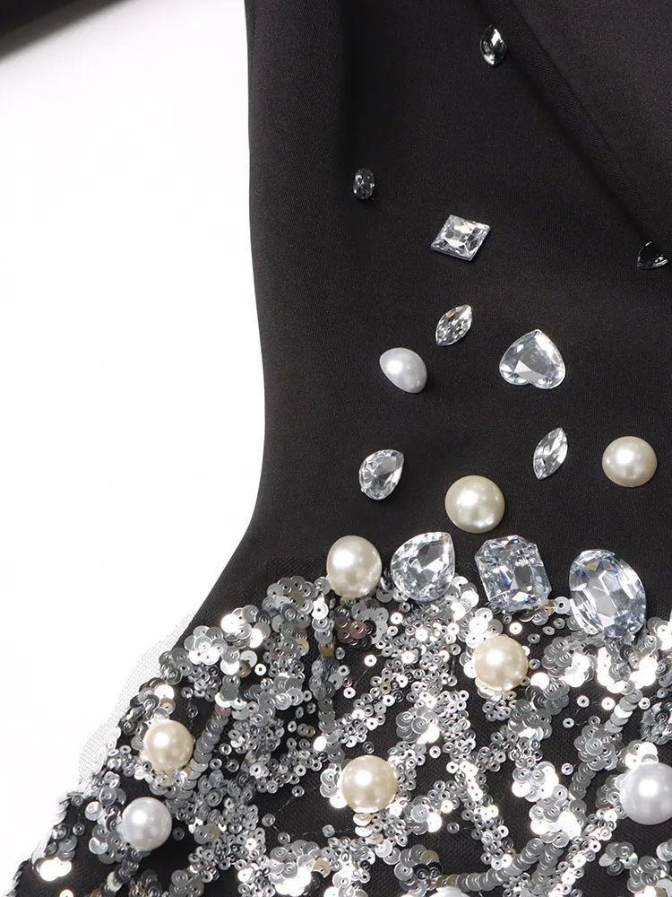 TWOTWINSTYLE Patchwork Diamonds Mini abito per donna bavero manica lunga vita alta impiombato paillettes abiti temperamento femminile nuovo