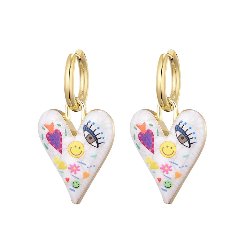 Nuovi orecchini a cerchio in acciaio inossidabile con occhio di cuore carino alla moda per le donne Gioielli femminili di amore con pendente color oro smaltato vintage colorato