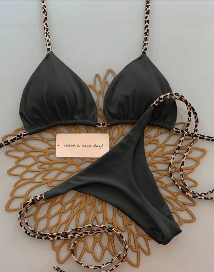 Sexy Bikini Women's Swimsuit Strap Halter Neck Triangle Cup Beachwear Pure Color Cheeky Two Piece Swimsuits Bathing Swimwear