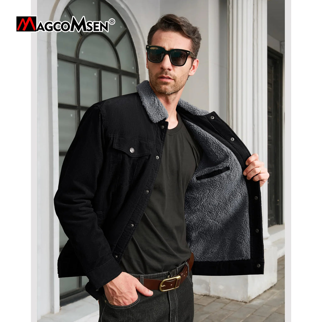 MAGCOMSEN Giacche di velluto a coste da uomo Giacca a vento in pile Sherpa vintage Cappotti invernali spessi e caldi Giacca di jeans casual multitasche