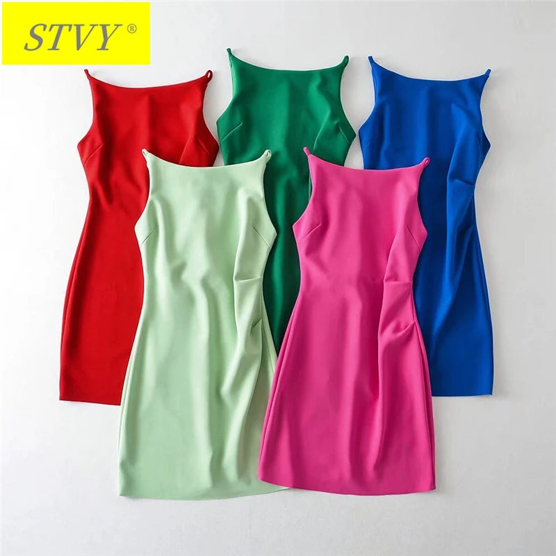 STVY 2022 Estate Slash Neck Dress Moda Colori Caramelle Pieghe Senza Maniche Rosa Rosso Chiffon Mini Abiti Abiti 5 Colori