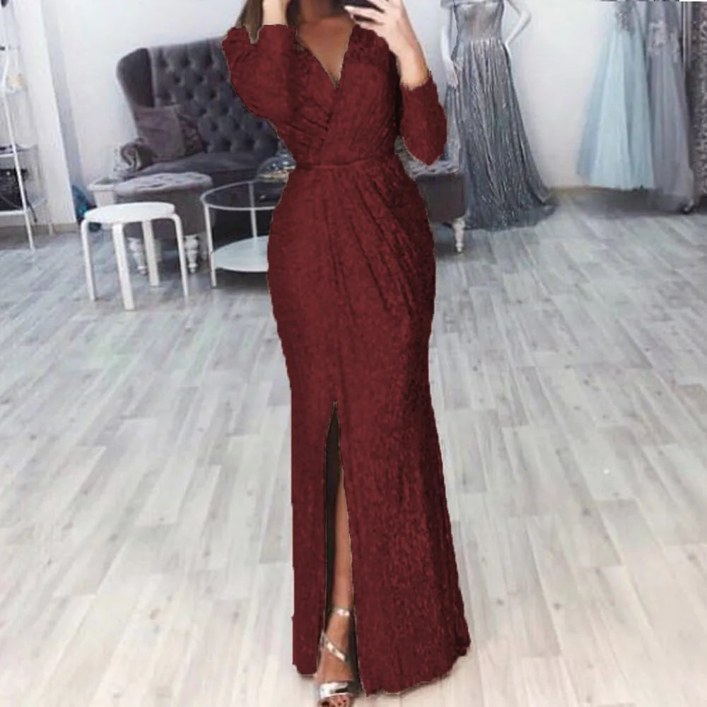 Abito lungo da donna elegante con scollo a V a maniche lunghe da festa Autunno Inverno Moda con paillettes Vita sexy Abiti maxi slim casual con spacco alto