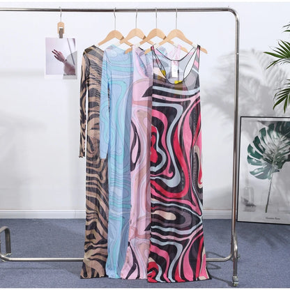 Abito lungo aderente aderente in rete trasparente da donna sexy Stampa chic senza maniche Slim Fit Abiti lunghi per le vacanze al mare Abito femminile quotidiano casual