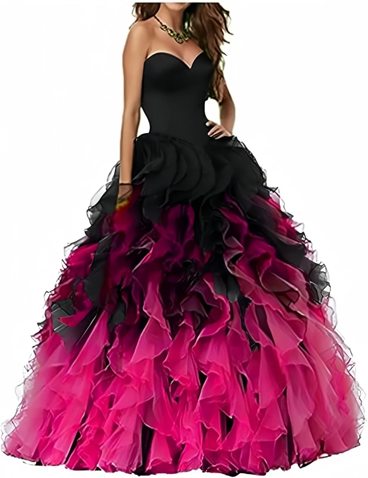 Abito Quinceanera in organza senza spalline con volant Abiti da ballo Abito da ballo lungo gonfio con scollo a cuore Ombre Abito da cocktail da sposa