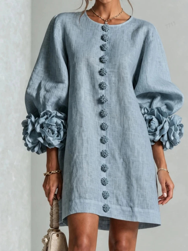Abito Mini in Lino da Donna con Scollo a O, Maniche Lunghe a Sbuffo, Polsini Decorati con Fiori 3D, Bottoni a Fiore, Vestito Corto Casual e Ampio per Feste e Vacanze