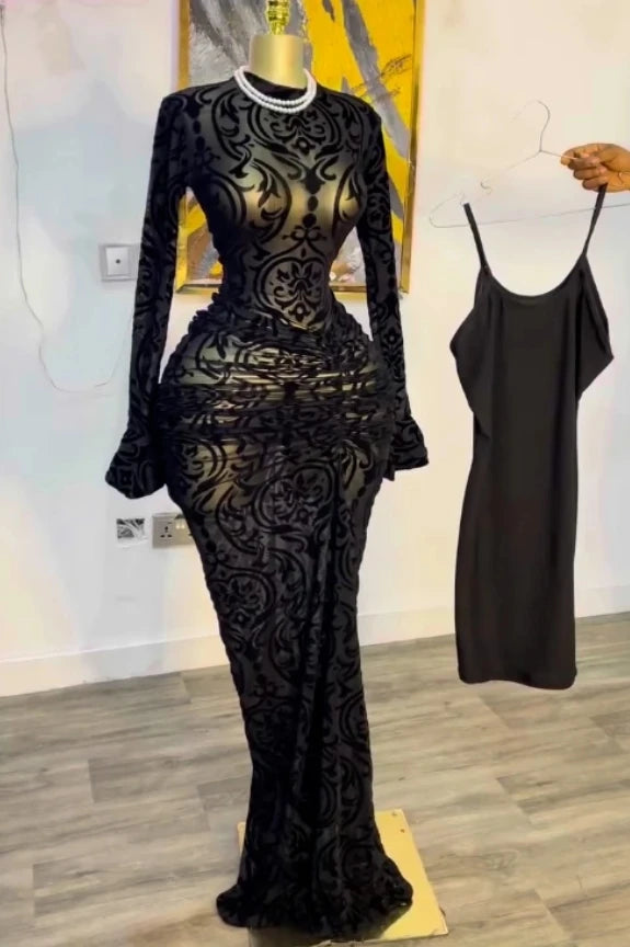 CM.YAYA Abito lungo aderente da donna a maniche lunghe in rete increspata trasparente con fodera 2025 Abiti da festa sexy per compleanno da sera autunnale