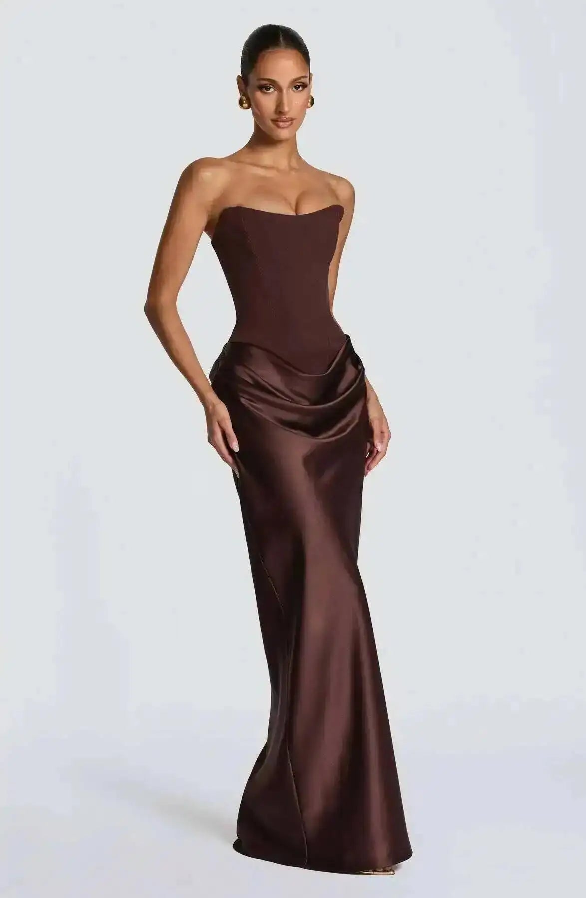 Giyu Sexy Satin Evening Club Abiti da festa Donna 2025 Estate senza spalline con spalle scoperte Lisca di pesce increspato Maxi abito lungo Abito elegante