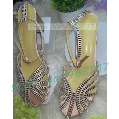 Sandali in raso con tacco medio a gabbia di cristallo da donna Scarpe femminili di lusso in pelle metallizzata Scarpe da sera estive con cinturino alla caviglia da donna
