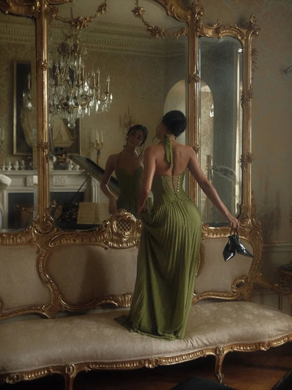 Chic Green Fishbone Halter Abito lungo Lady Solid Sexy Backless Pieghettato Off-spalla Abiti a trapezio 2025 nuovo abito da festa di Natale
