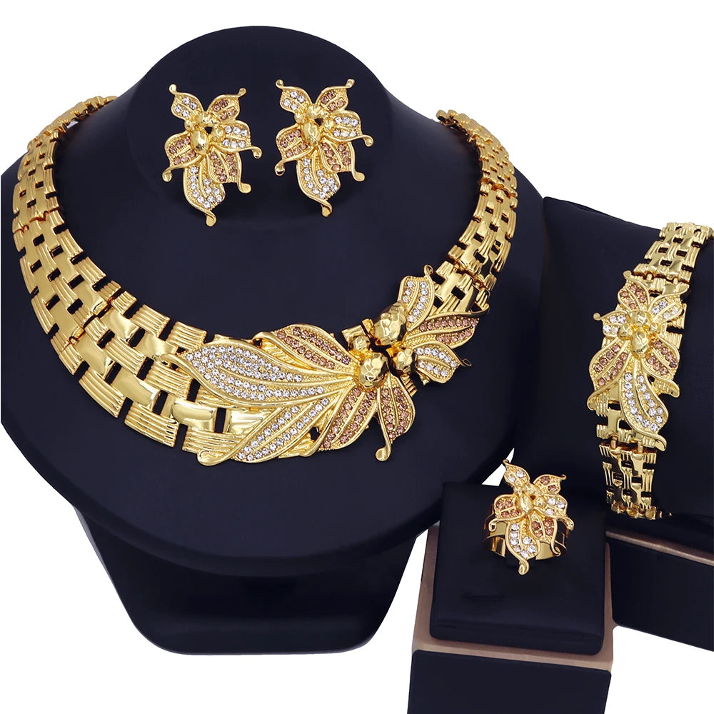 YTJX Ensemble de bijoux de mariage africains, grand collier ras du cou fleur, bracelet zircon fin, boucles d'oreilles perçantes, bague, plaqué or 18 carats