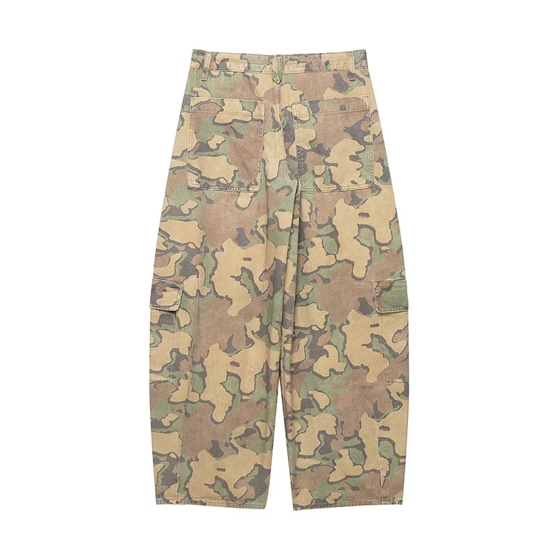 Pantaloni da donna con stampa mimetica, vita con coulisse, gamba larga, taglio ampio, orlo con coulisse, vestibilità comoda, pantaloni casual, streetwear, nuova moda 2026