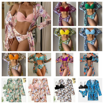 Bohemian Style Print Bikini Sets Women Fashion Sexy Spaghetti Strap Bikini Cardigan Three Piece Sets Beach Vacation Swimsuit