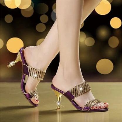 2024 nuove donne estate moda Comfort sandali eleganti oro una parola diamante tacco a spillo sandali con strass tacco medio