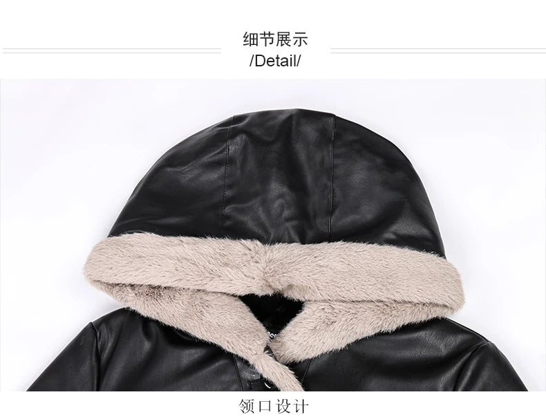 Nerazzurri Cappotto invernale lungo in morbida pelle nera spessa e calda con pelliccia sintetica all'interno con Parka con cappuccio Abiti firmati di lusso 2025