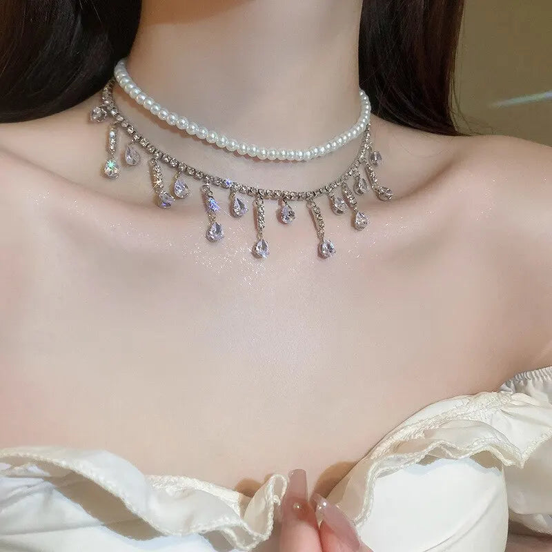 Collane girocollo di lusso con strass e cristalli per donna, collana a più strati con perle finte per feste e matrimoni, gioielli K-