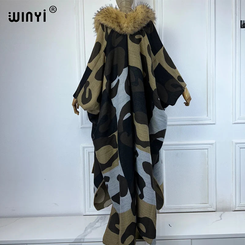 WINYI Africa Collo in pelliccia artificiale Cardigan invernale maxi kimono vestito da festa abaya dubai luxur abiti invernali per donna piumino