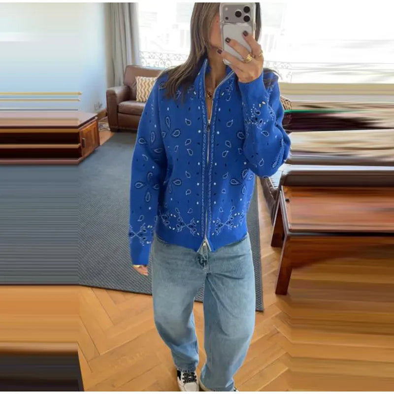 Giacca in maglia con stampa paisley per donna, colletto alto, maniche raglan, chiusura a zip, tasca frontale, cardigan autunnale 2026, giacca retrò ampia.