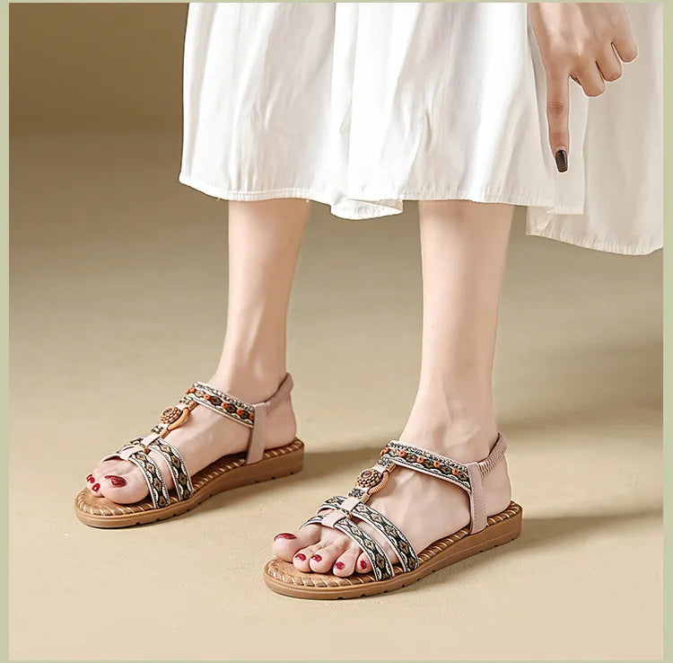 Elegante Damen-Sommersandale im Bohemian-Stil, rutschfest, bequem, für Alltag, Urlaub, flache Strandschuhe