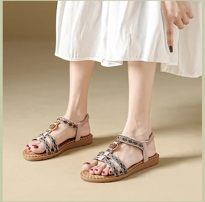 Elegante Damen-Sommersandale im Bohemian-Stil, rutschfest, bequem, für Alltag, Urlaub, flache Strandschuhe