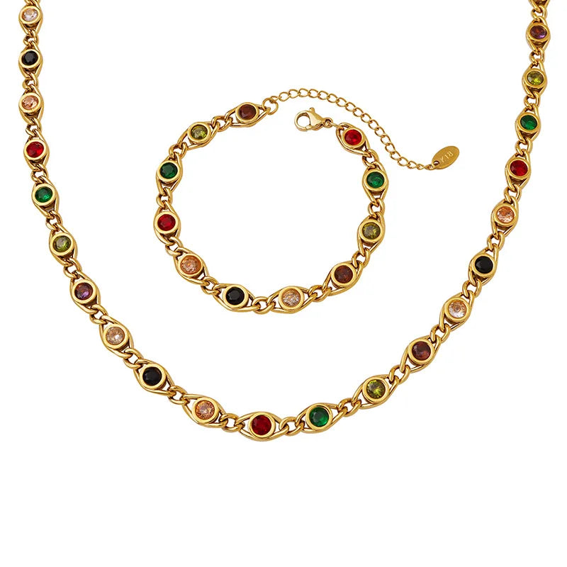 Ensemble collier bracelet zircon coloré pour femmes, chaîne inaltérable tendance, bijoux de créateur, accessoires plaqués or en cuivre 2024