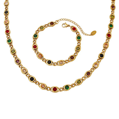 Ensemble collier bracelet zircon coloré pour femmes, chaîne inaltérable tendance, bijoux de créateur, accessoires plaqués or en cuivre 2024