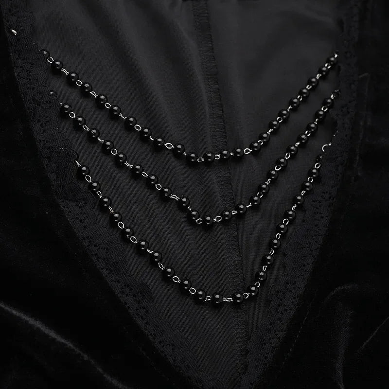 Y2K Goth floreale pizzo maglia manica svasata aderente abiti da festa sexy vintage elegante velluto nero con scollo a V abito lungo partywear