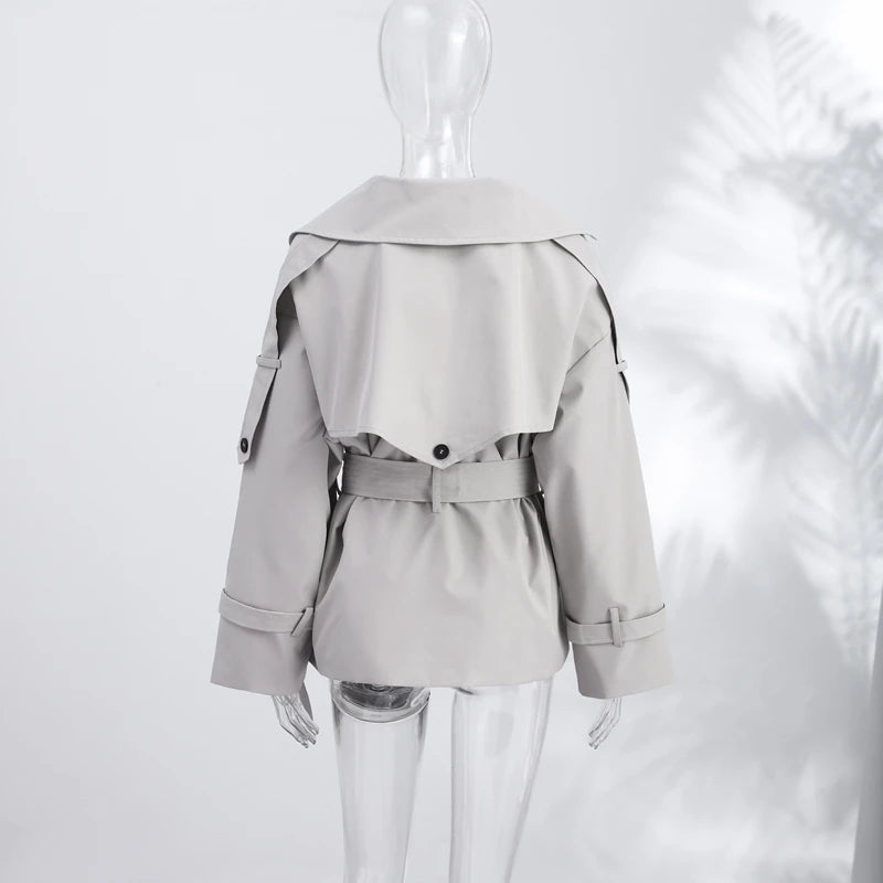 Trench Coat Corto da Donna con Cintura, Collo a Risvolto, Maniche Lunghe, Oversize, Antivento, Primavera-Autunno 2026