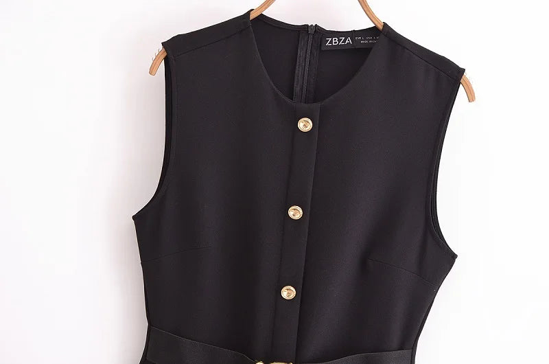 MUJER 2025 Abiti da donna Abiti lunghi da ufficio neri per le donne Abito longuette senza maniche primaverile Donna Cintura con bottoni Abito da donna Gilet