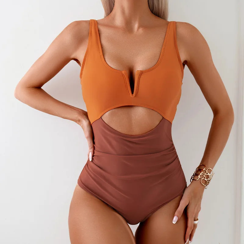 2025 New Summer Swimwear Women Swimsuit One Piece Bathing Suit Square Neck Cutout Back Block Color Beach Wear