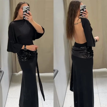 Sexy profondo scollo a V patchwork di pizzo con paillettes abito lungo da donna sottile senza maniche backless hip pacchetto abiti 2026 primavera abito da festa della signora