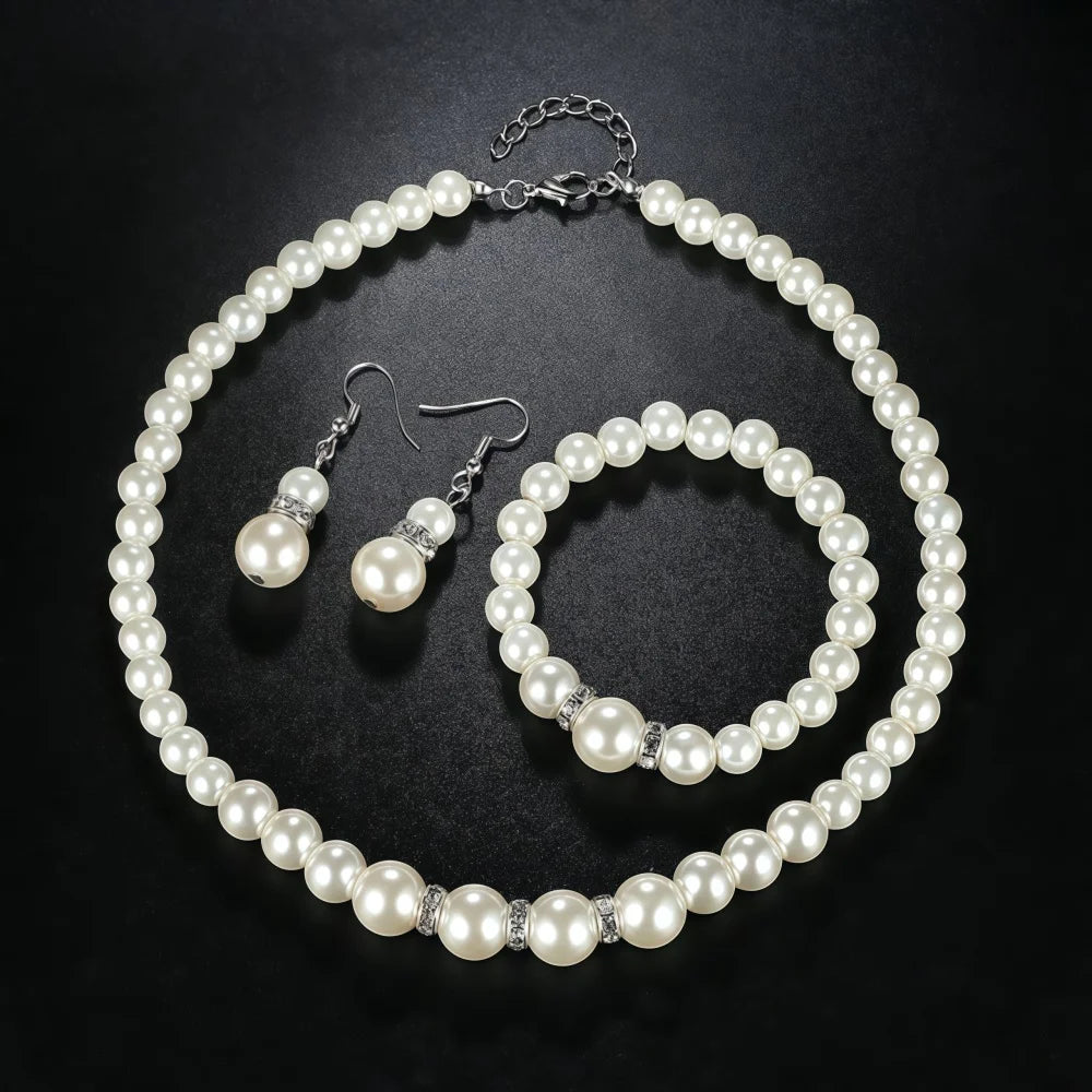 3 pezzi di perle finte palla di fuoco collana braccialetto orecchino set di gioielli con perno colore argento pietra di cristallo elegante regalo di gioielli da sposa