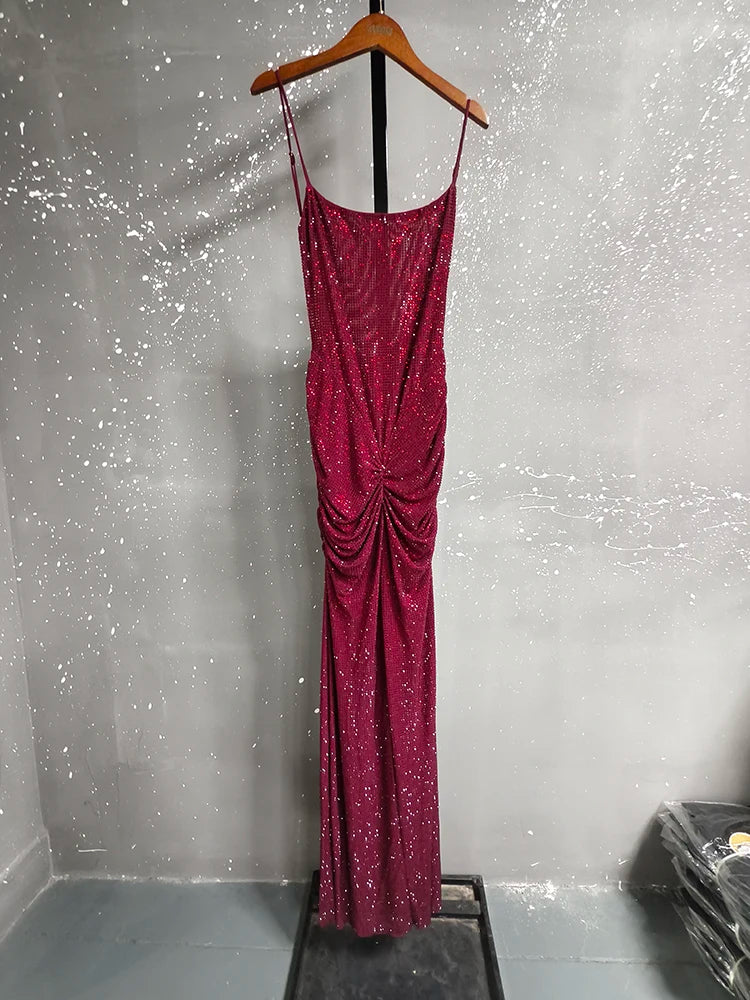 DEAT Moda Grigio Hot Drilling Spaghetti Strap Dress Donna Slim Fit Backless Pieghe Split Abiti lunghi fino al pavimento Nuova marea 7AB8510