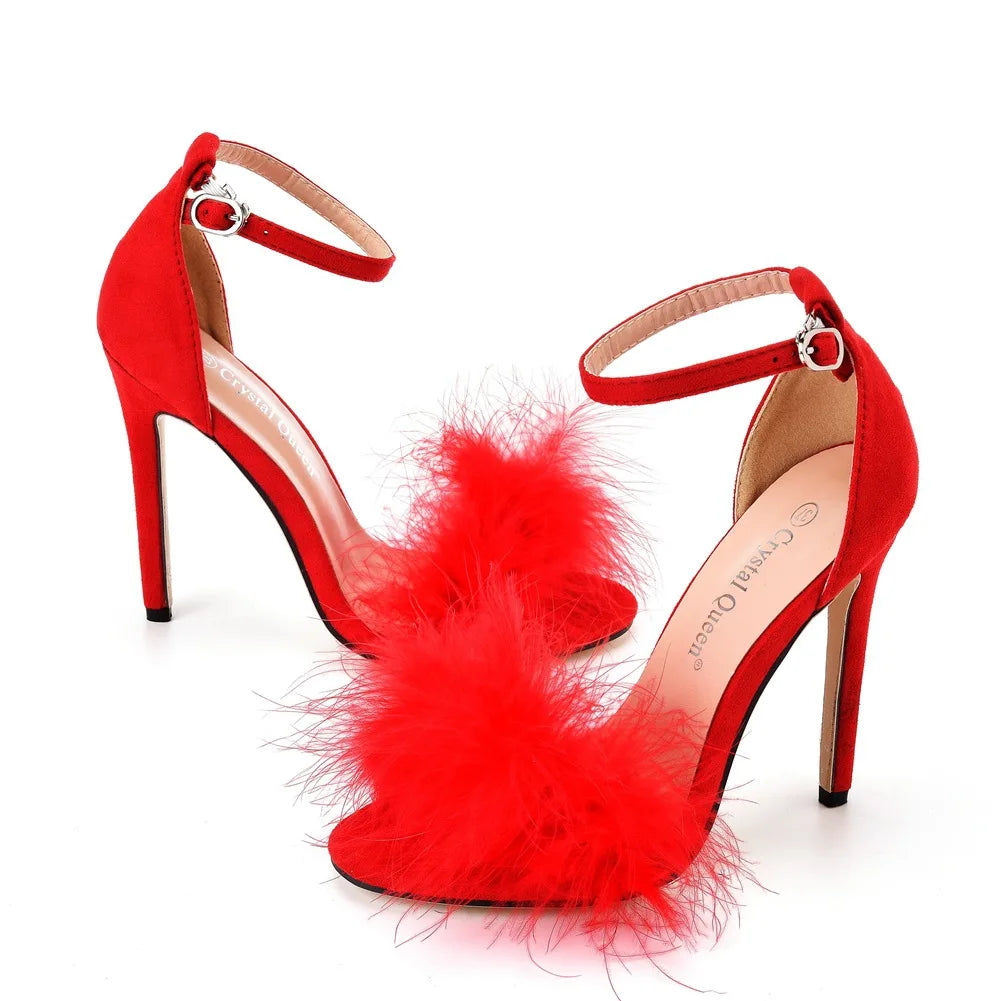 Sexy Feather High Heel Sandals Women's European  American Large 46 Fish Mouth High Heel Sandals Women Shallow Mouth Women's Shoe