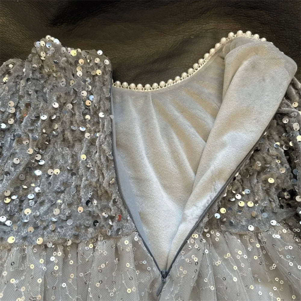 Abiti da ragazza Moda autunnale Nuova maglia patchwork con paillettes Abito da principessa a maniche lunghe Tinta unita Abbigliamento per bambini di Capodanno
