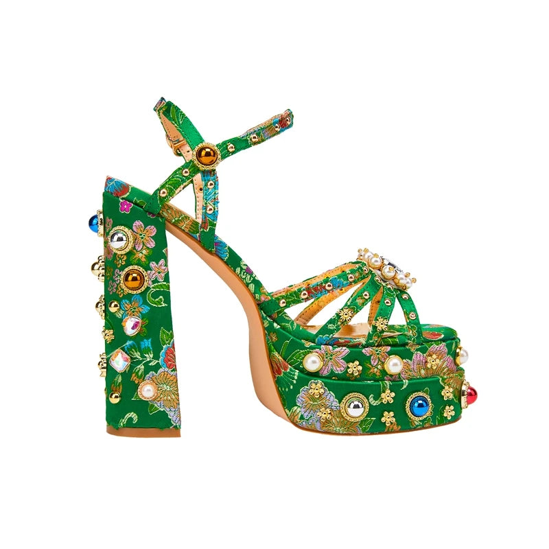 Neue Damen Sommer Plateau Sandalen wasserdicht dicker Boden Wasser Diamant Perle Niete Blume Satin offene Spitze High Heels groß