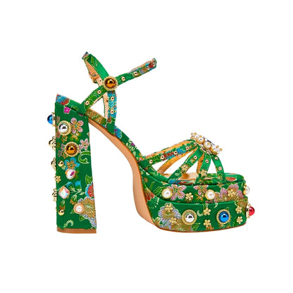 Neue Damen Sommer Plateau Sandalen wasserdicht dicker Boden Wasser Diamant Perle Niete Blume Satin offene Spitze High Heels groß