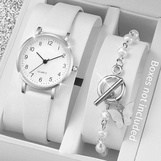2 pz/set orologio da donna moda piccolo quadrante arabo cinturino in pelle orologi al quarzo perle Set di braccialetti a farfalla (senza scatola)