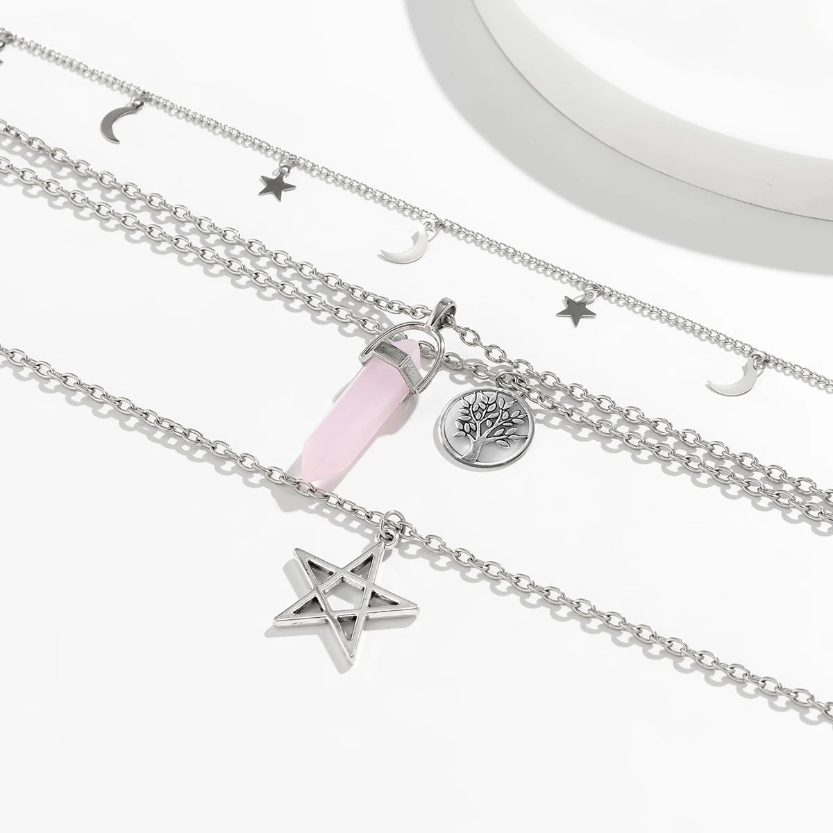 4 pezzi etnico rosa cristallo stella pentagramma ciondolo collana girocollo per le donne elegante luna nappa catena accessori gioielli per feste