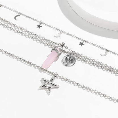 4 pezzi etnico rosa cristallo stella pentagramma ciondolo collana girocollo per le donne elegante luna nappa catena accessori gioielli per feste