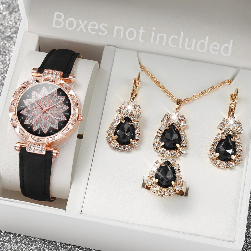 5 pz/set moda donna orologio quadrante fiore orologi al quarzo cinturino in pelle orologi da polso Set di gioielli con strass (senza scatola)