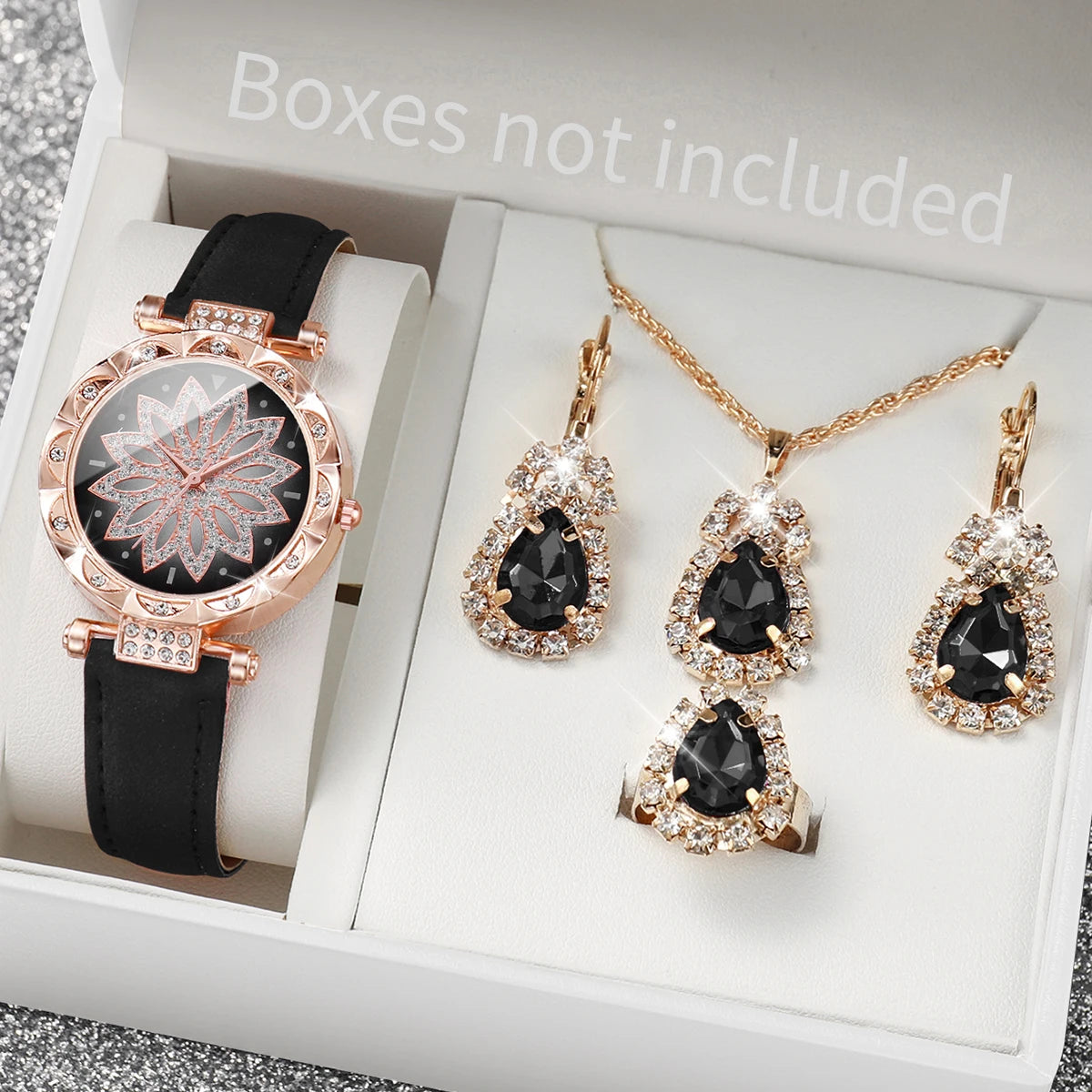 5 pz/set moda donna orologio quadrante fiore orologi al quarzo cinturino in pelle orologi da polso Set di gioielli con strass (senza scatola)